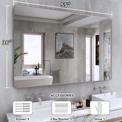 Y61 $50  55 in. W x 36 in. H Large Rectangular Framed Wall Mounted Bathroom Vanity Mirror in Brushed Nickel  This Brushed Nickel frame mirror comes wi
