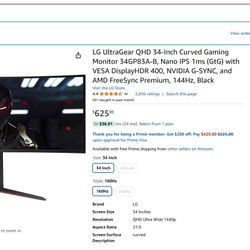 LG 34 inch Ultra Wide 144hz Gaming Monitor