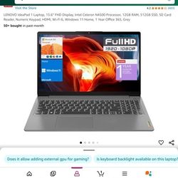 LENOVO IdeaPad 1 Laptop, 15.6” FHD Display, Intel Celeron N4500 Processor, 12GB RAM, 512GB SSD