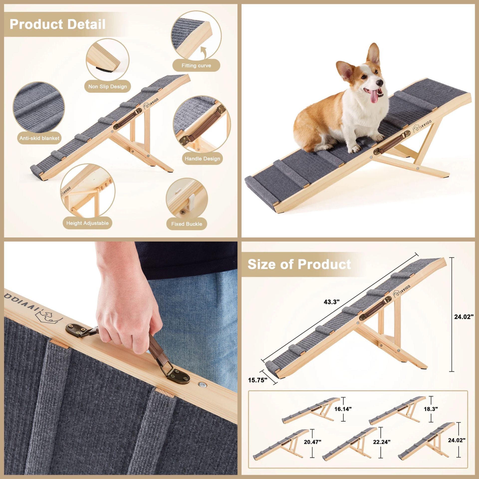 New Portable 43" Stairs & Ramp for Pets Wooden Adjustable Dog Ramp 43.5'' Long and 5 Heights 250 lb Capacity 