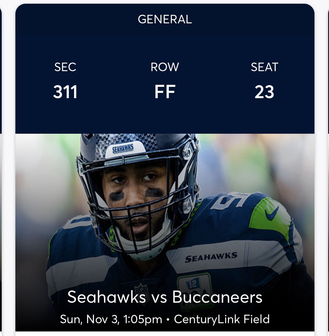 Seahawks vs Tampa Bay Buccaneers - Face Value - 25 yard line, right on the aisle