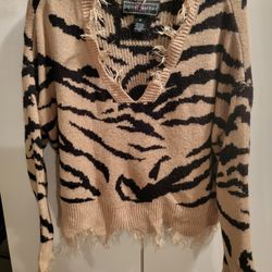 Polly & Esther Juniors' Destructed Animal Print Sweater in taupe and black acrylic. Size Medium