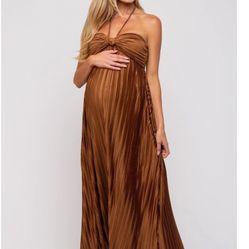 Brown Maternity Pleated Dress 