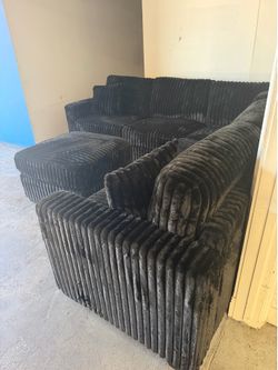New! 🛋️ Black L Shape Sofa Sectional W/Ottoman Included