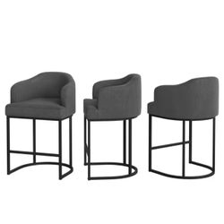 New Set Of 3 Barstools Dark Grey Fabric 