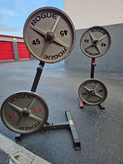 4 Rogue 45LB Machined Olympic Weight Plates. Homestead 33033. Delivery fee.

Heavy-duty cast-iron Rogue 45lb machined Olympic weight plates come in a 