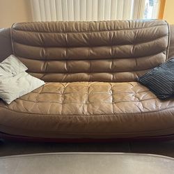 Camel, Ribbed, Faux/Bonded Leather Sofa Couch