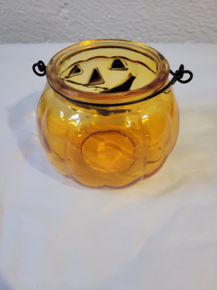 Pumpkin Glass Hanging Jack O Lantern Tealight Candleholder Halloween Candy Dish