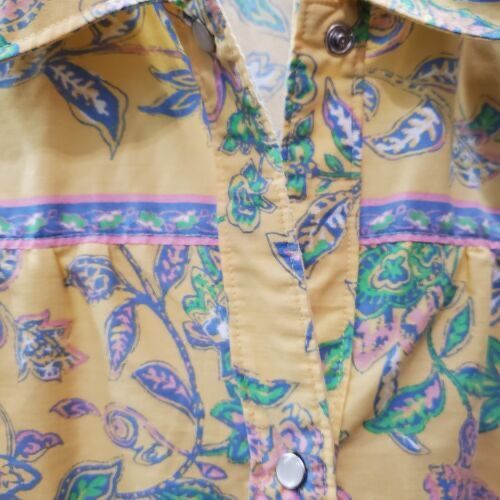 Women Dress 1X Yellow Floral Midi Shirt Pearl Snap Collar Pockets