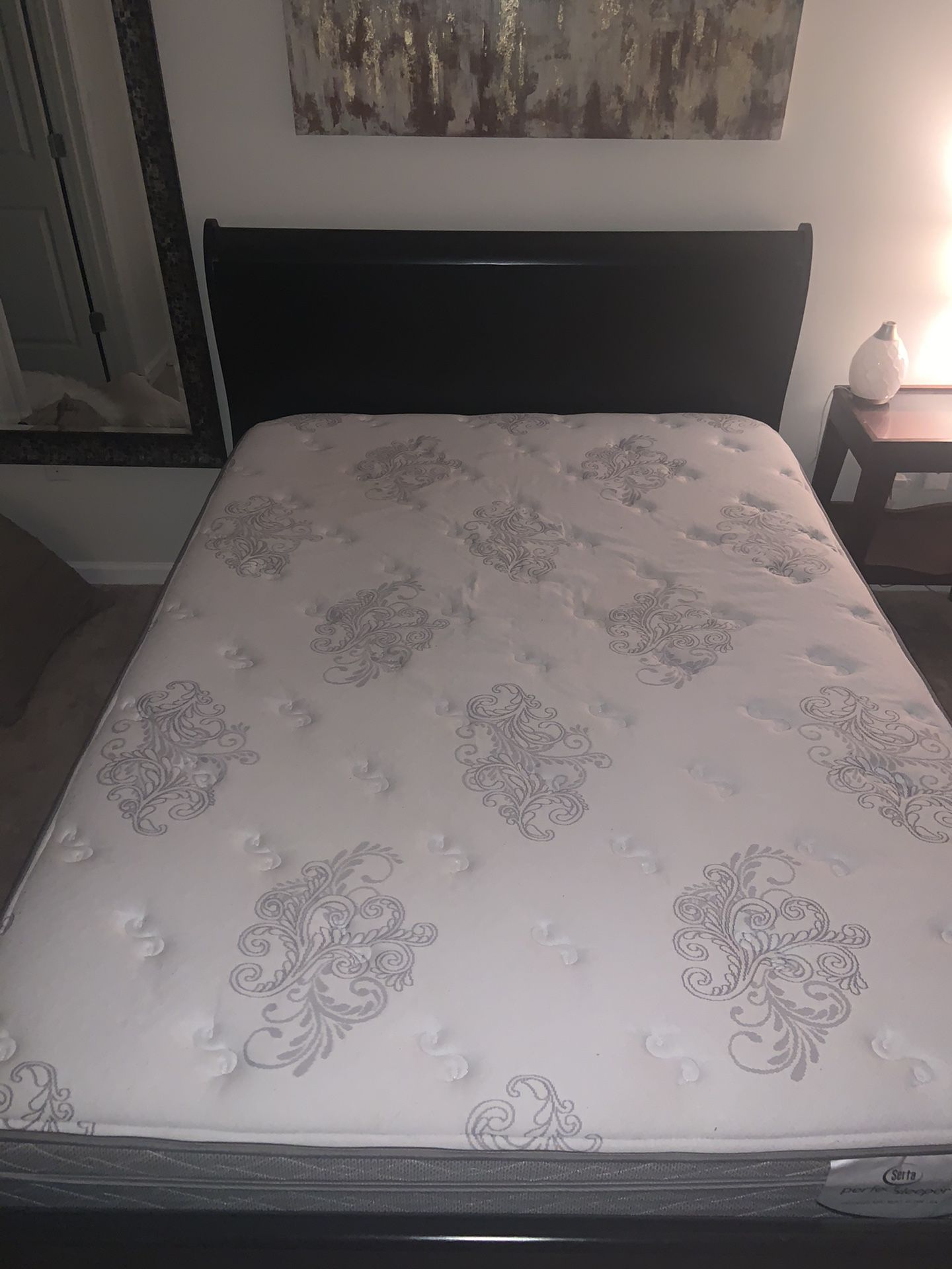 Queen bed (Serta Perfect Sleeper Mattress, Boxspring, and Frame)