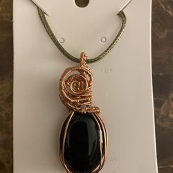 (11) Hand-Crafted Wire-Wrapped Pendant. Copper Wire/Black Cabochon. 