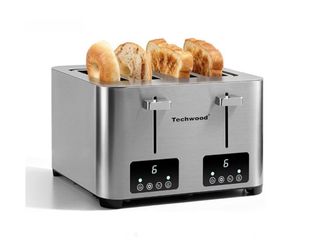 Techwood - 4-Slice Stainless Steel Toaster with LED Display and 6 Browning Settings - Perfect for Bagels, Waffles, and More; Includes Cancel/ Defrost 
