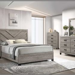 GRAY BEDROOM FURNITURE SET – DRESSER, BEDFRAME, NIGHTSTAND & MIRROR – $750
