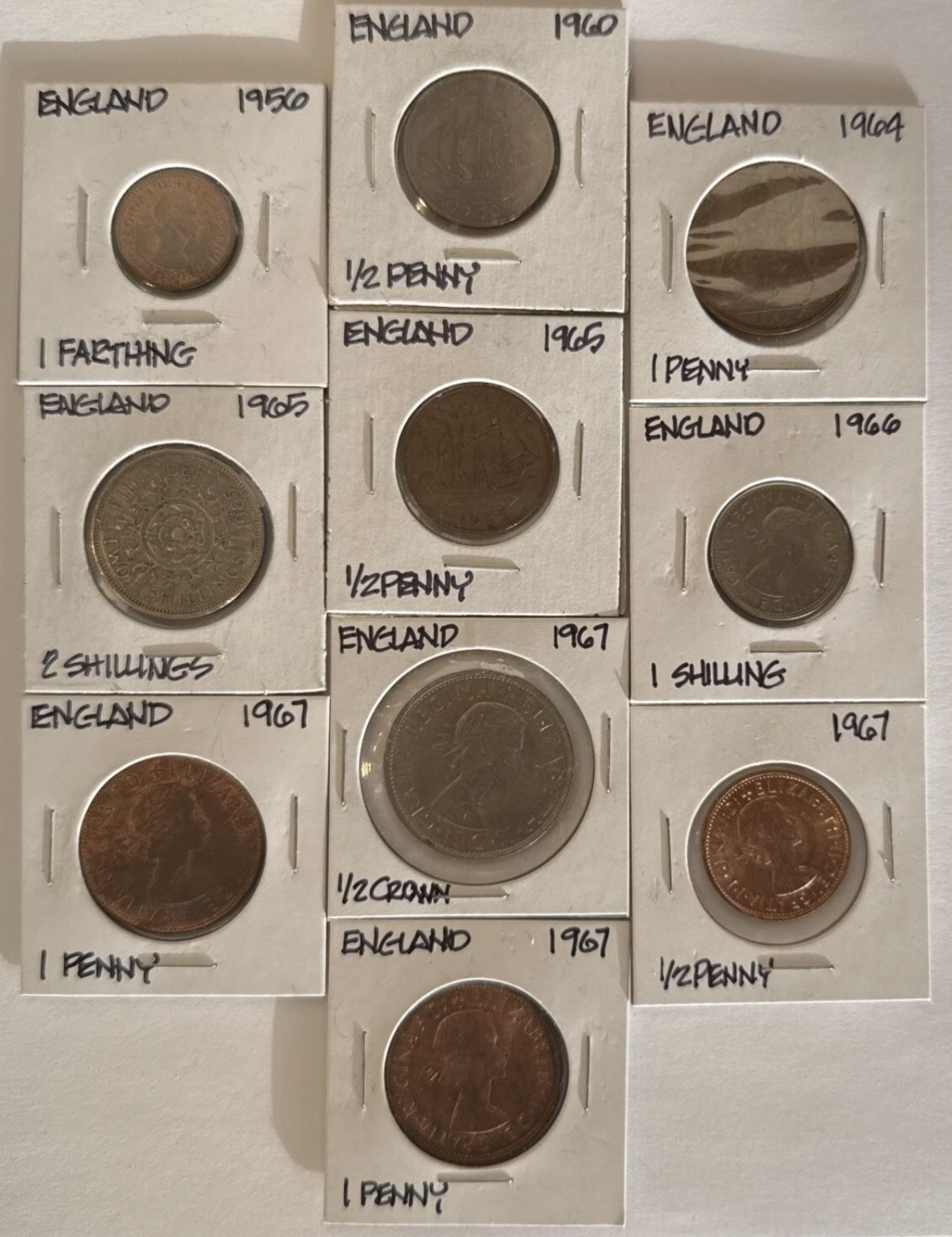 Lot of 10 England Vintage Coins Including FARTHING, PENNY, SHILLINGS 1956 - 67