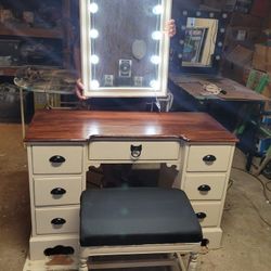 Vintage Vanity With Lighted Mirror And Padded Stool