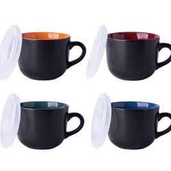 GBHOME Ceramic Soup Mugs with Lid, 24 oz Soup Cups with Hanlde for Coffee,Cereal,Salad,Noodles,Tea,Soup Bowls Cups,Microwave &Dishwasher Safe, Set of 