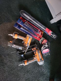 RIDGID Pneumatic Nail Gun Lot with Hand Tools