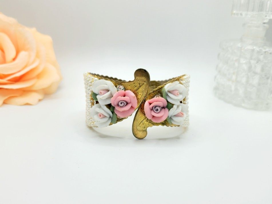 Vintage gold brass porcelain Rose leaf pearl rhinestone cuff bracelet