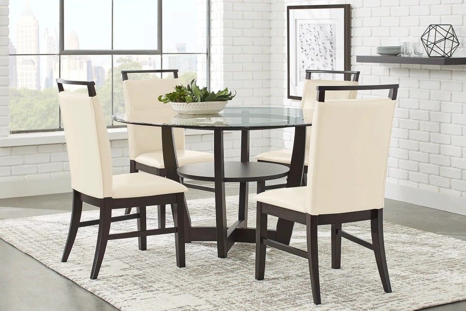 Round Glass Wood Dining Table Plus 3 Leather Wood Dining Chairs