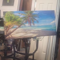 39.5 x 20 PALM TREE BEACH WHITE SAND BLUE SKY  CLOUDS  painting art canvas