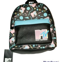 MTV Mini Backpack - Bioworld Faux Leather Black 11.5"  Purse New with tag Retro