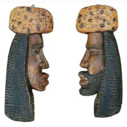 PAIR OF RARE DECORATIVE HAND CARVED WOODEN AFRICAN FACES Nice!