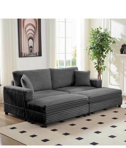 Gray Corduroy Sectional Sofa with Ottoman