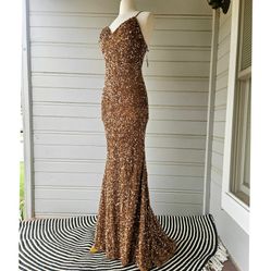 NWT MISS ORD Prom Pageant Sparkly Brown Sequins Evening Dress w Train S 6 M 7 9