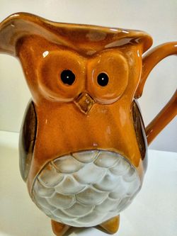 Vintage Orange Brown Owl Water Pitcher Ceramic Art Pottery Harvest Fall Halloween Decor 8"
