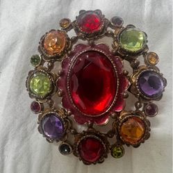 VTG Premier Designs Jewel color faceted glass Brooch pin/ pendant. Costume gold tone. Signed.