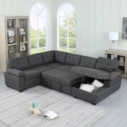 Extended 114" Pull Out Sleeper Sofa Bed Sectional Couch With Storage Chaise