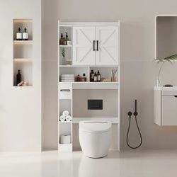 Farmhouse Over-Toilet Organizer w/ Barn Doors & Side Shelves – Open Box