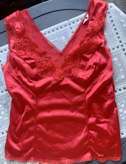 Vintage BestForm Satin Camisole Slip Baby Doll Top Red Lace V-Neck & Back 34