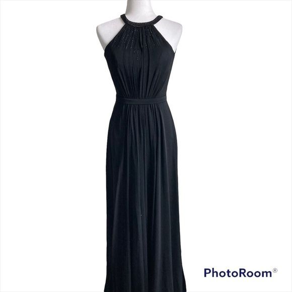 Long Black Halter Top Open Back Beaded Prom Formal Dress 