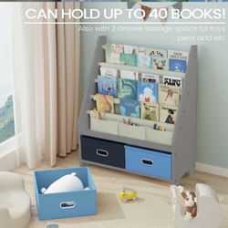 Wooden Kids Book Rack, Grey Kids Bookshelf with Toy Storage Organizer, Toddler Sling Bookshelf for Boys, Girls, Ki