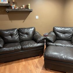 Brown Leather Love Seat, Chair & Ottoman