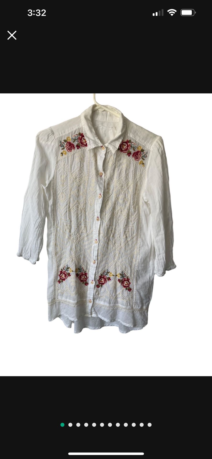 Johnny Was 3J Workshop Button Up Shirt Embroidered XS White Tunic Like  Comes from a pet and smoke free home.  Measurements are in the pictures. This 