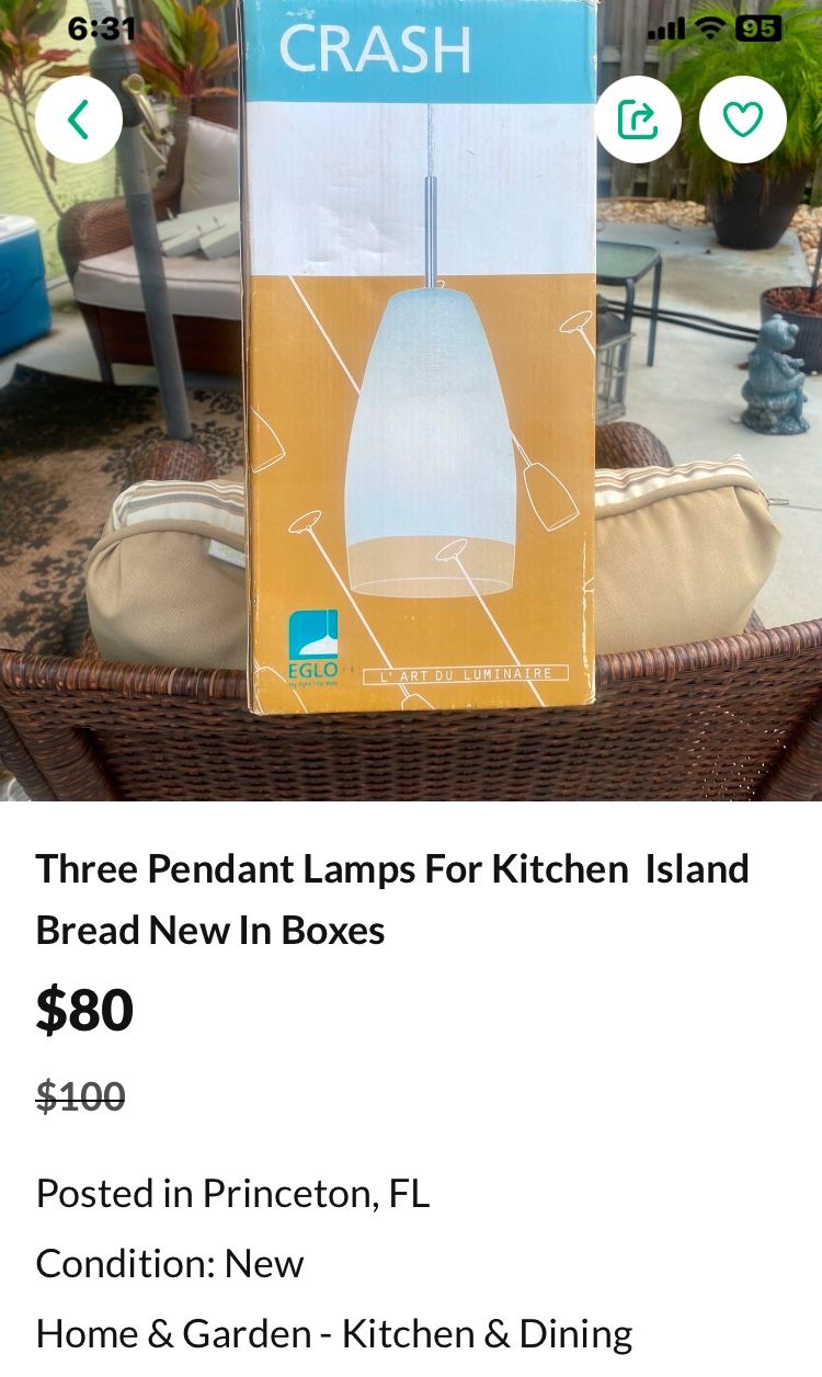 Tres lámparas colgantes para isla de cocina Bread, nuevas en cajas MI PRECIO 10 Cada Una