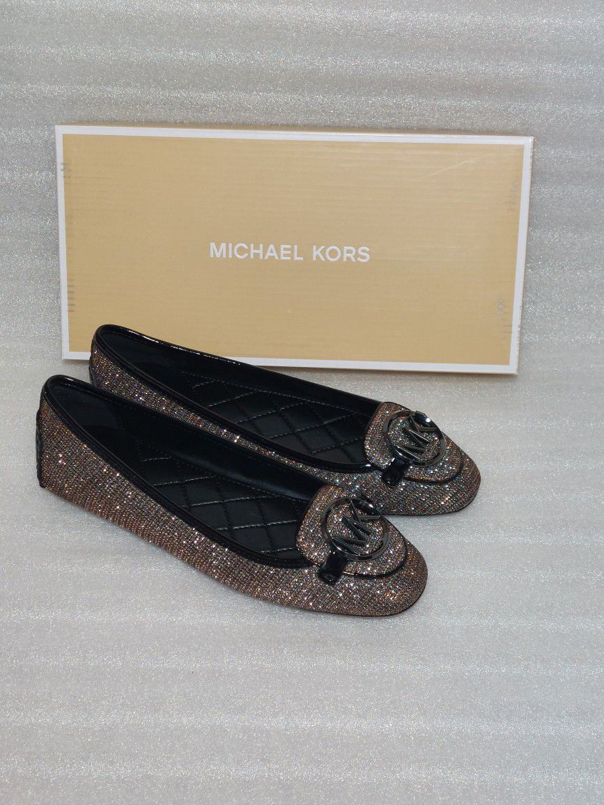 MICHAEL KORS designer flats. Brand new in box. Brown Sparkly. Size 6 women's shoes Moccasin Slip ons