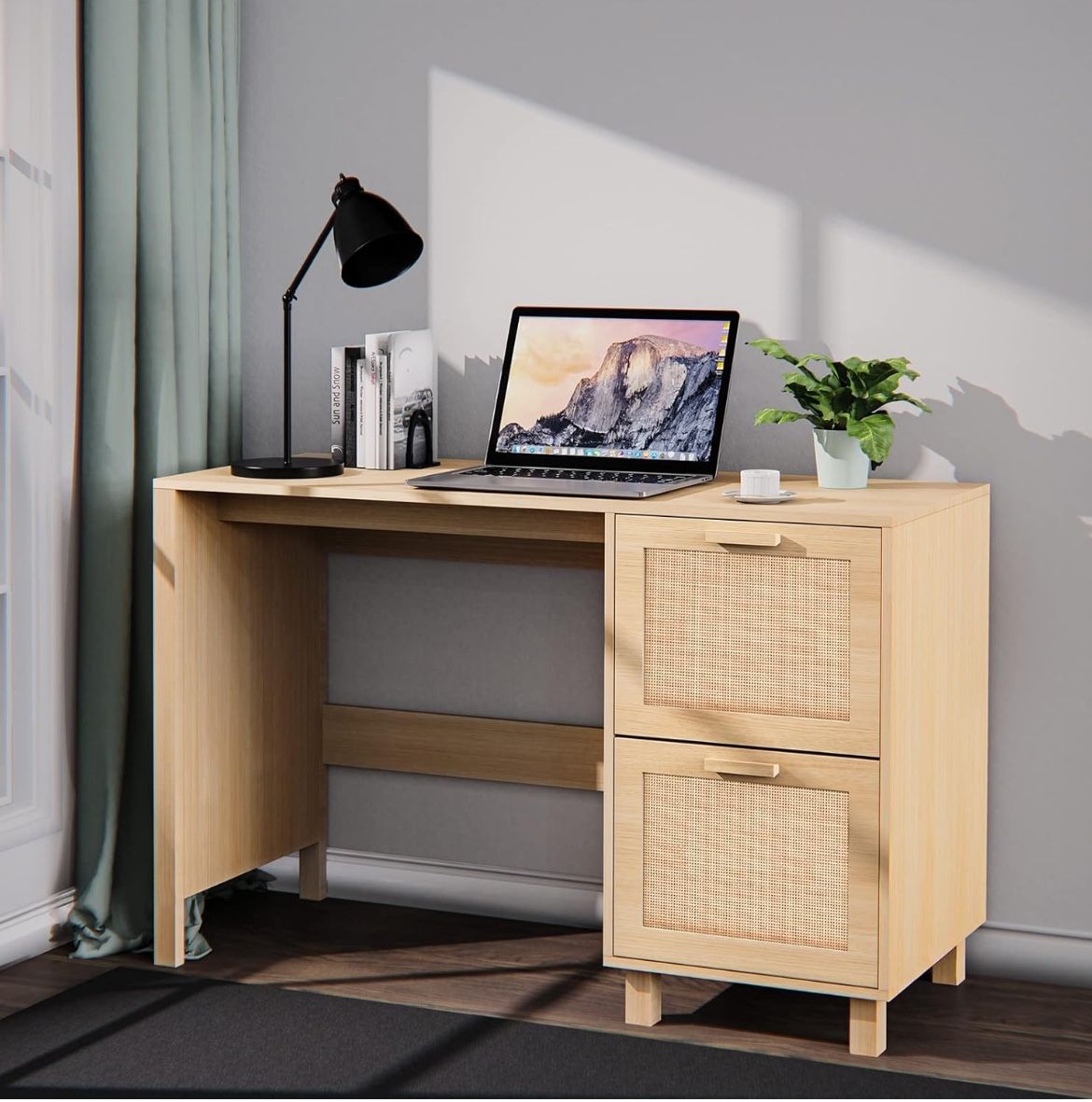 2 Drawer Writing Desk, Hamilton Rattan Computer Desk Table with Storage for Bedroom,Living Room,Entryway, Durable Modern Luxury Wood Home and Office F