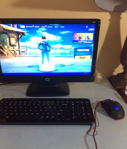 1366 x 768 - 60 hz monitor, wireless logitech keyboard, and a red dragon mouse with 24000 dpi