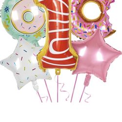 TONIFUL Donut Balloon Party Decorations With Red Large Doughnut Number 1 Balloon Round Donut and Star Mylar Foil Balloons with Ribbon for 1st Baby Bir