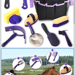 Horse Grooming Kit - 8 Piece Bathing Supplies with Organize Bag, Full Body Kit Including Sweat Scraper, Bath Sponge, Hoof Pick, Massage Comb (Purple)