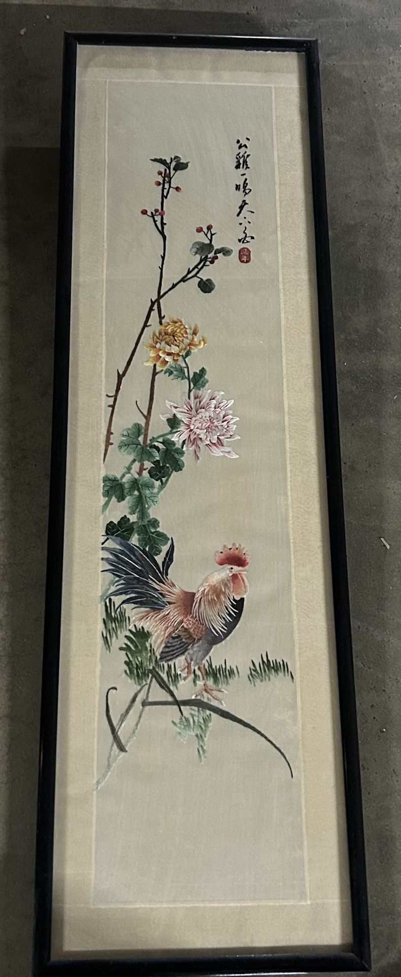 Vintage Chinese Rooster Framed Silk Embroidery Artwork 46” X 12”