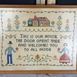 Vintage Framed Cross Stitch Sampler Folk Art “This Is Our House” Handmade Wall Decor