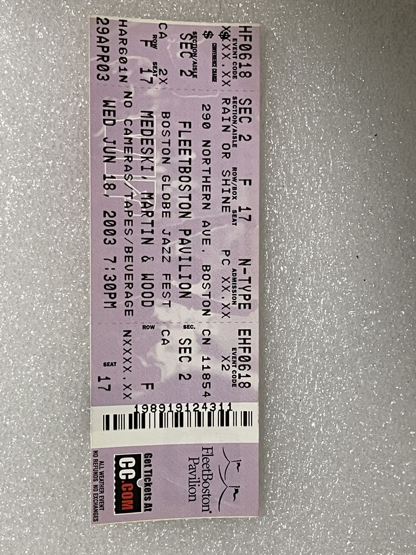 Boston Globe Jazz Fest- Medeski, Martin, & Wood Unused Concert Ticket 2003