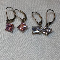 925 Sterling Silver Lever Back Earrings. One Pair with a Clear Chrystal Stone and One Pair With A Pink Chrystal Stone