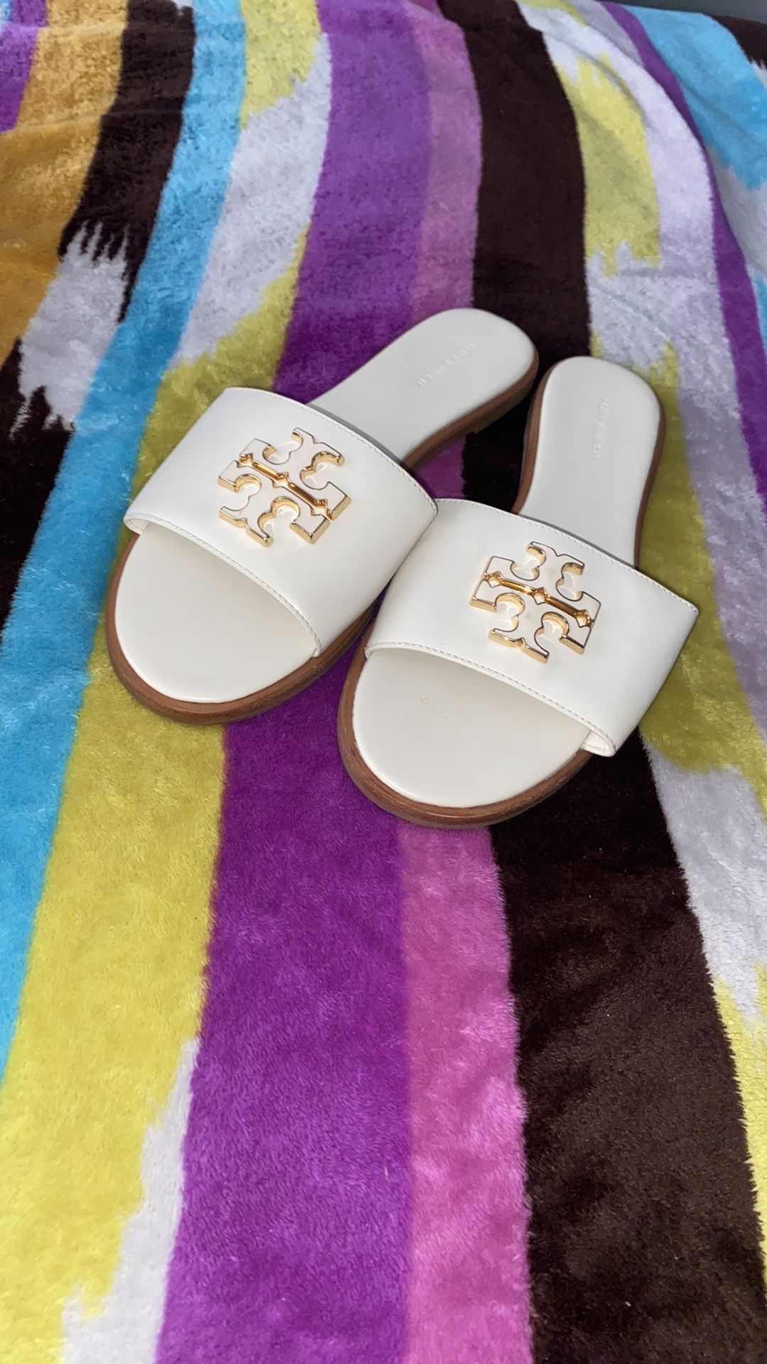 Tory Burch White and Gold Slide Sandals with Emblem