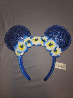 Disney Aulani Minnie Ears Headband Blue Glitter Plumeria