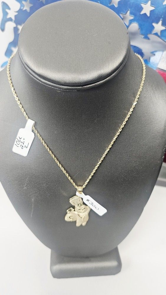 10k Hollow 22inch 2mm Rope Chain And 10k Pendant